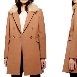 Topshop Naomi faux fur collar camel coat size 8